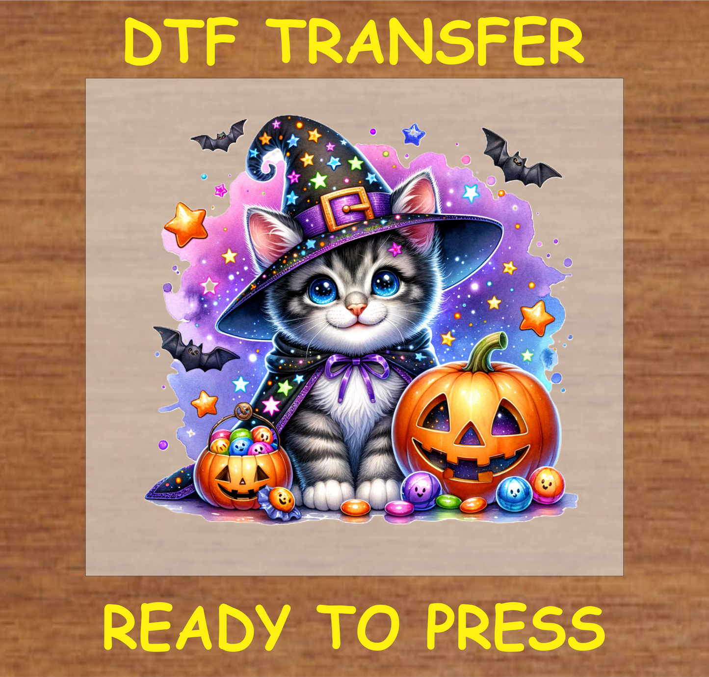 "Halloween Cat DTF Transfer featuring a cute kitten in a witch hat with a jack-o'-lantern and candy"