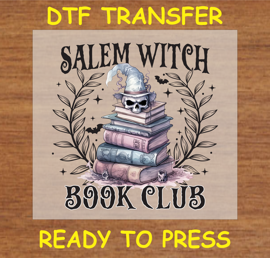 "Salem Witch Book Club DTF Transfer with skull, spell books, and witch hat, Halloween design"