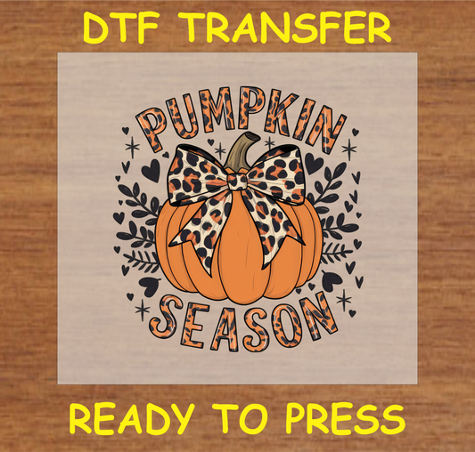 "Pumpkin Season DTF Transfer featuring a pumpkin with a leopard print bow and autumn elements, fall design"