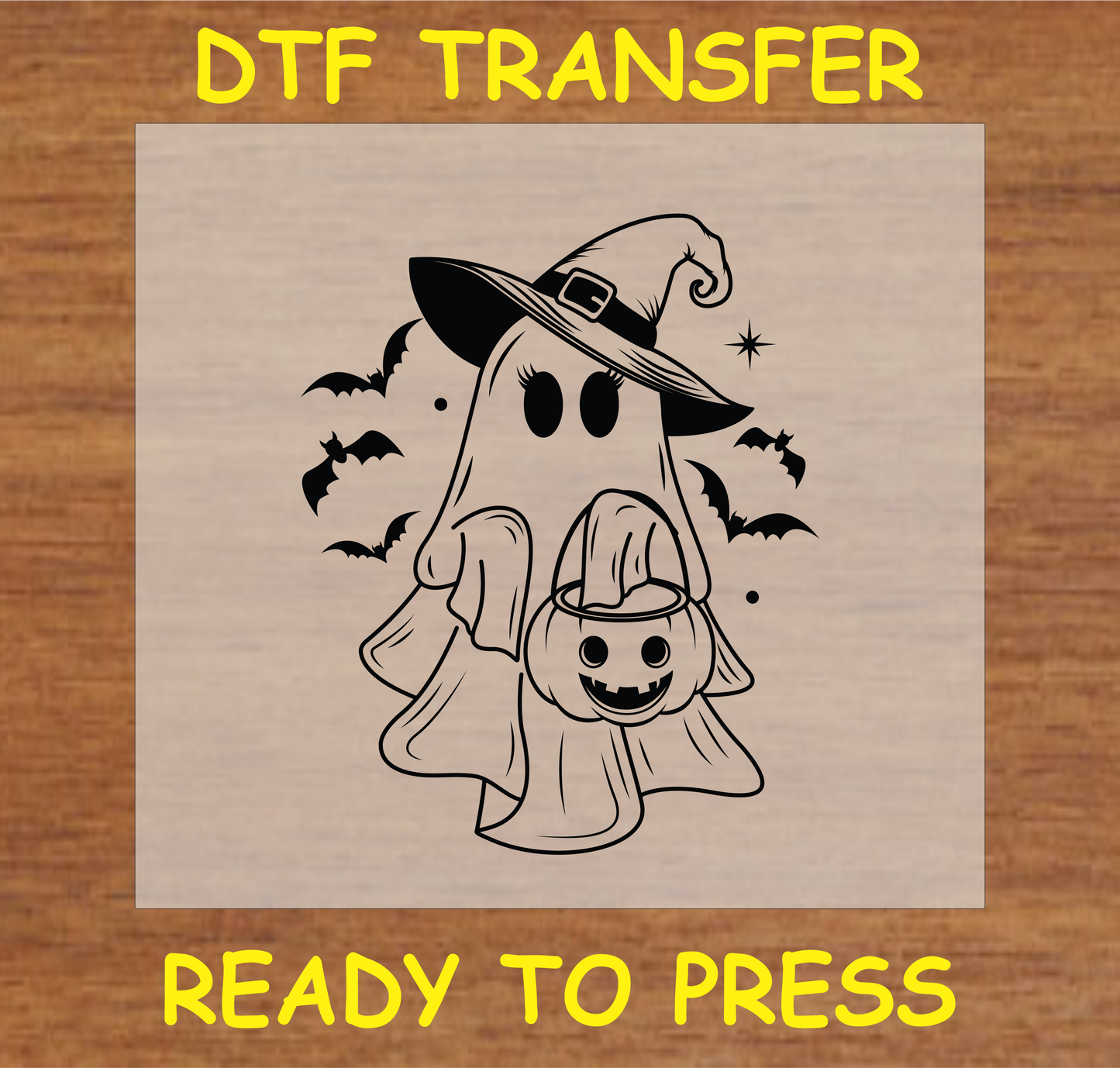 "Witchy Ghost DTF Transfer featuring a ghost with a witch hat and pumpkin, Halloween design"