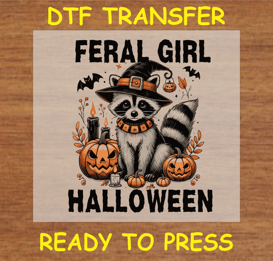 "Feral Girl Halloween DTF Transfer featuring an animal witch with pumpkins and Halloween elements"