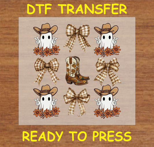 "Cowboy Ghost and Boots DTF Transfer featuring cowboy ghosts, boots, and plaid bows, country Western Halloween design"