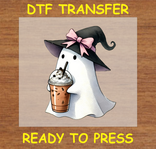 "Cute Ghost with Coffee DTF Transfer featuring a ghost in a witch hat sipping a frappuccino, Halloween design"