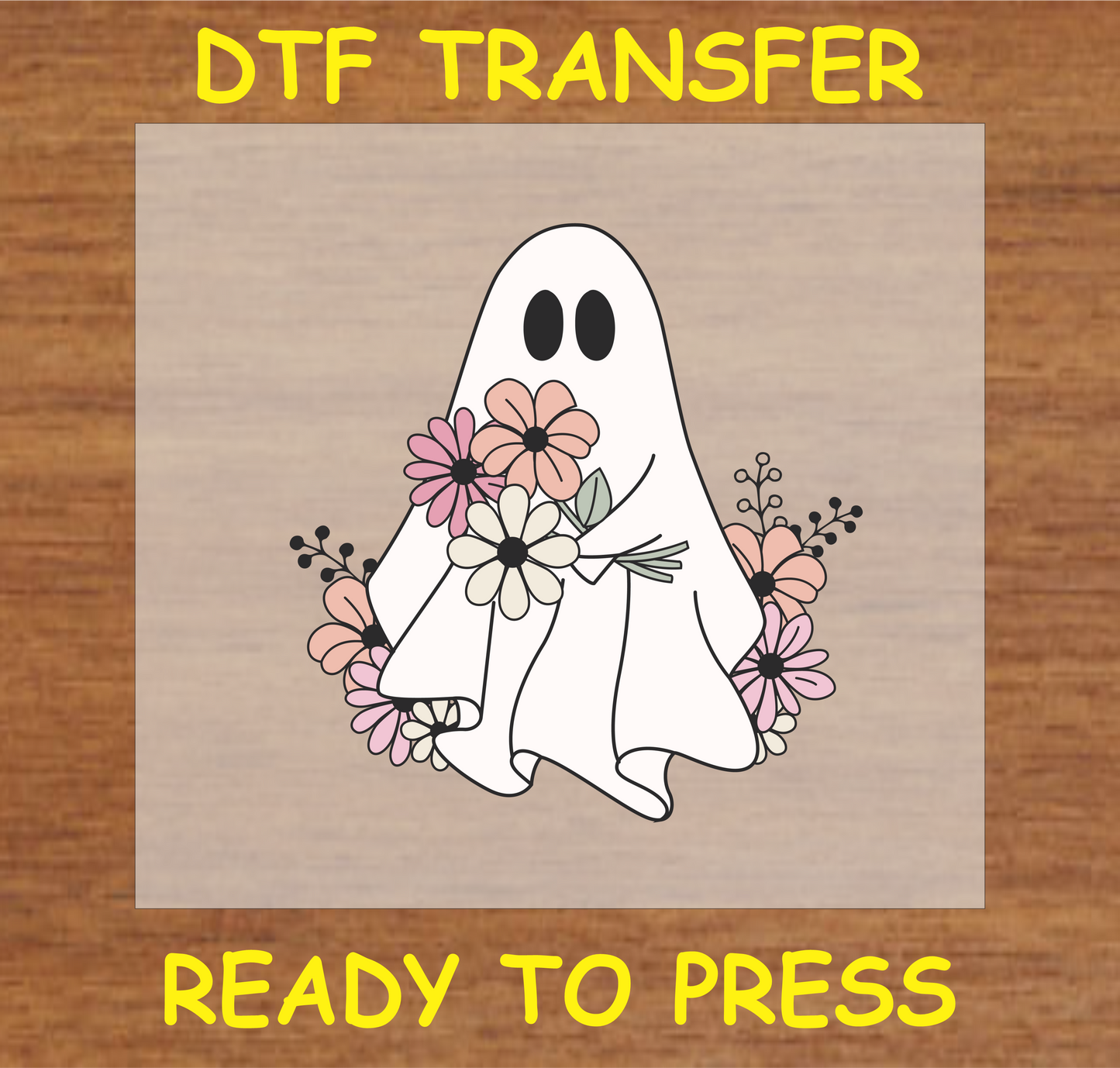 "Ghost with Flowers DTF Transfer featuring a whimsical ghost holding a bouquet of pastel flowers, Halloween design"