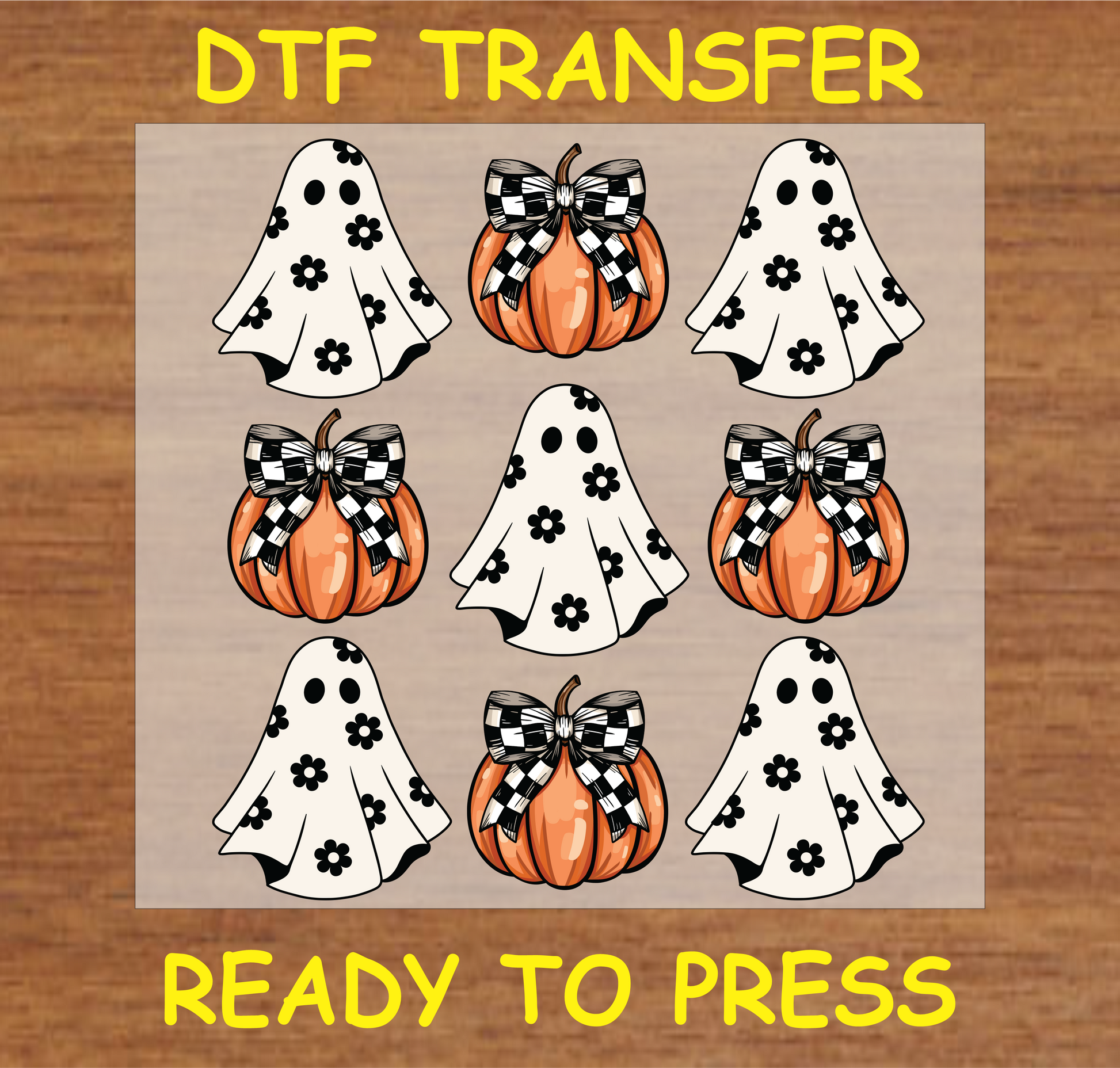 "Ghosts and Pumpkins DTF Transfer featuring floral-printed ghosts and buffalo plaid pumpkins, trendy Halloween design"