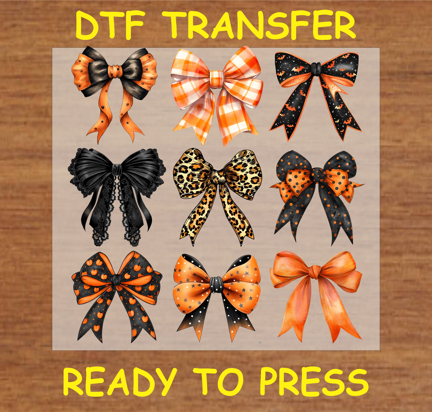 "Halloween Bow Set DTF Transfer with multiple orange and black bow designs"