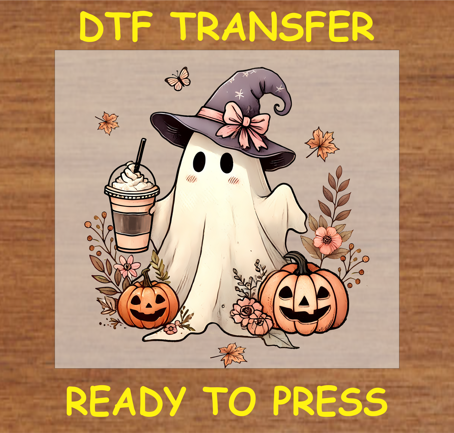 "Ghost with Coffee and Pumpkins DTF Transfer featuring a cute ghost sipping a coffee surrounded by pumpkins and autumn elements, Halloween design"