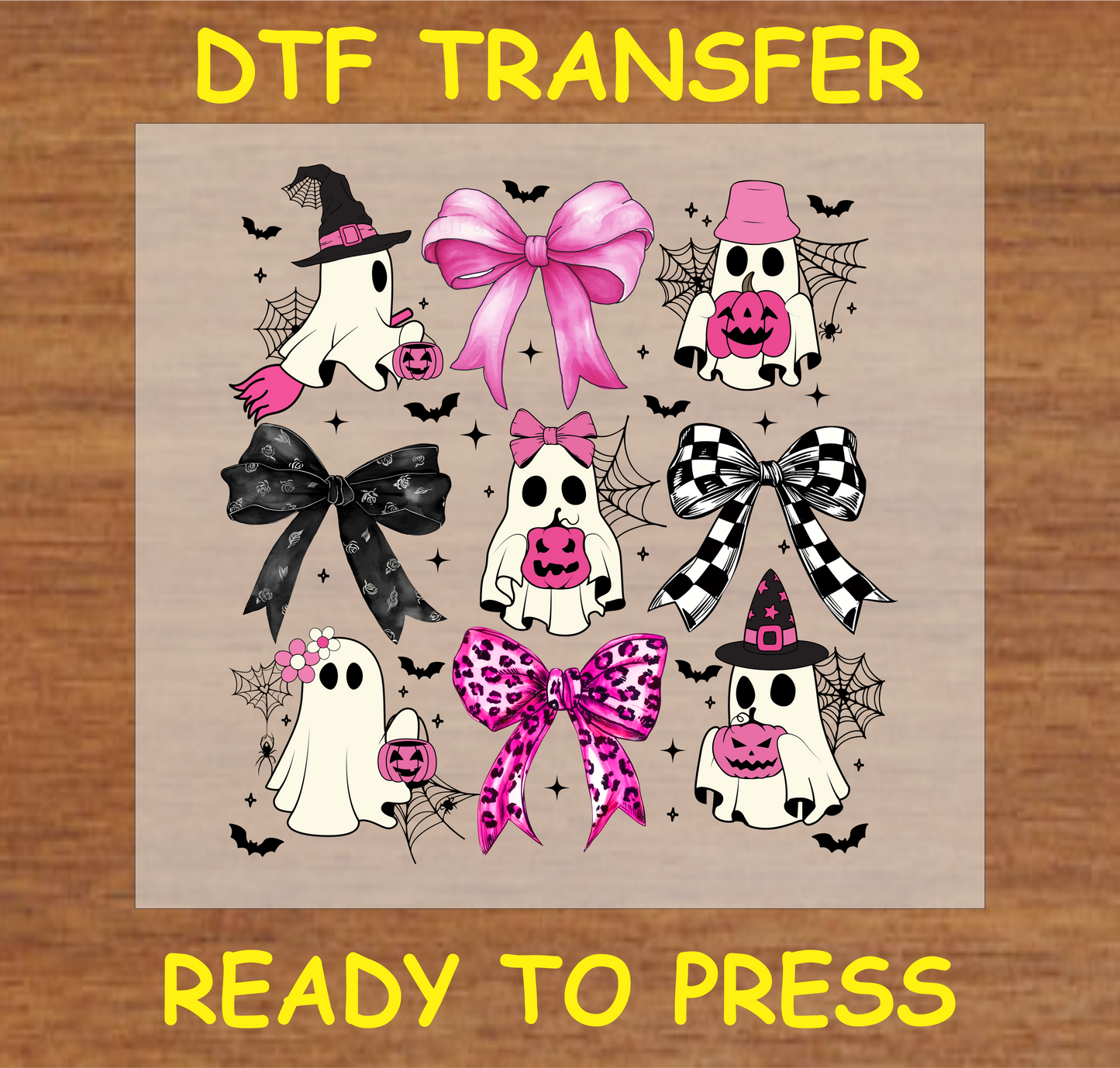 "Cute Ghosts and Bows DTF Transfer featuring ghosts with pumpkins and colorful bows, playful Halloween design"