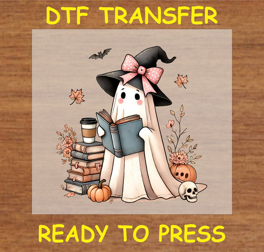 "Bookish Ghost DTF Transfer featuring a ghost in a witch hat reading a book, with fall and Halloween elements"