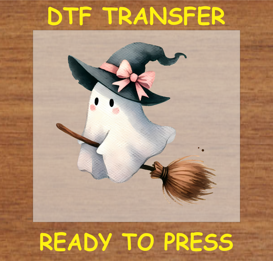 "Flying Ghost on Broom DTF Transfer featuring a cute ghost with a witch hat and pink bow flying on a broomstick, Halloween design"