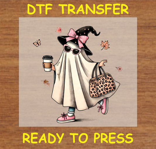 "Trendy Ghost DTF Transfer featuring a ghost with a witch hat, coffee cup, and leopard print bag, stylish Halloween design"