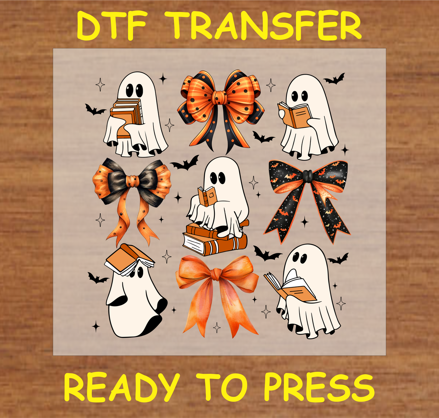 "Ghosts with Books and Bows DTF Transfer featuring ghosts reading books with Halloween bows and bats, whimsical Halloween design"