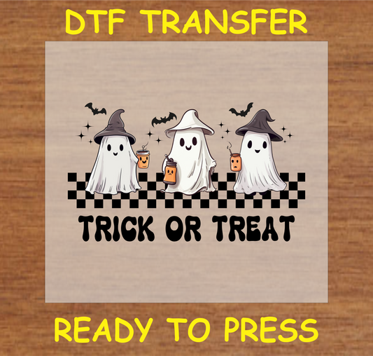 "Trick or Treat Ghosts DTF Transfer featuring three cute ghosts with witch hats and pumpkins, Halloween design"