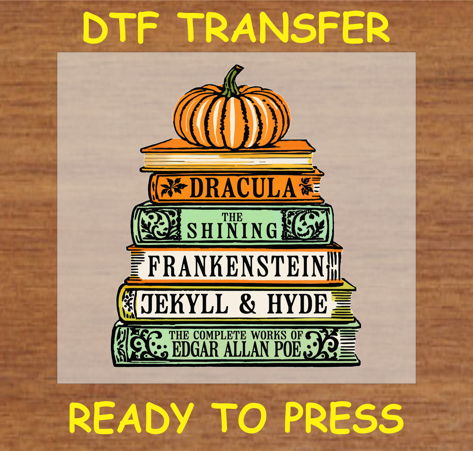 "Classic Horror Book Stack DTF Transfer featuring famous horror book titles and a pumpkin"