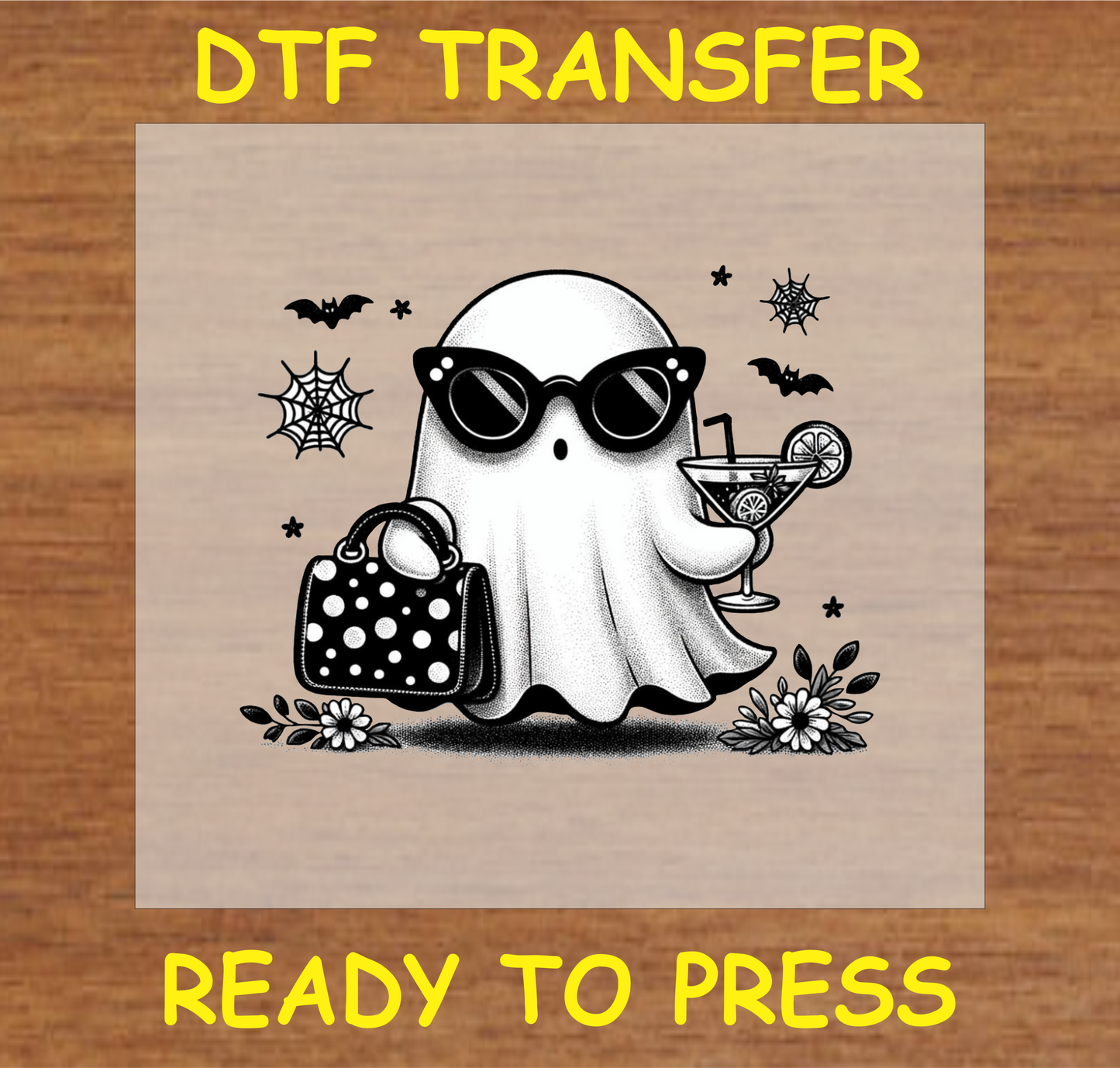 "Chic Ghost DTF Transfer featuring a ghost with sunglasses, cocktail, and polka-dot handbag, Halloween design"