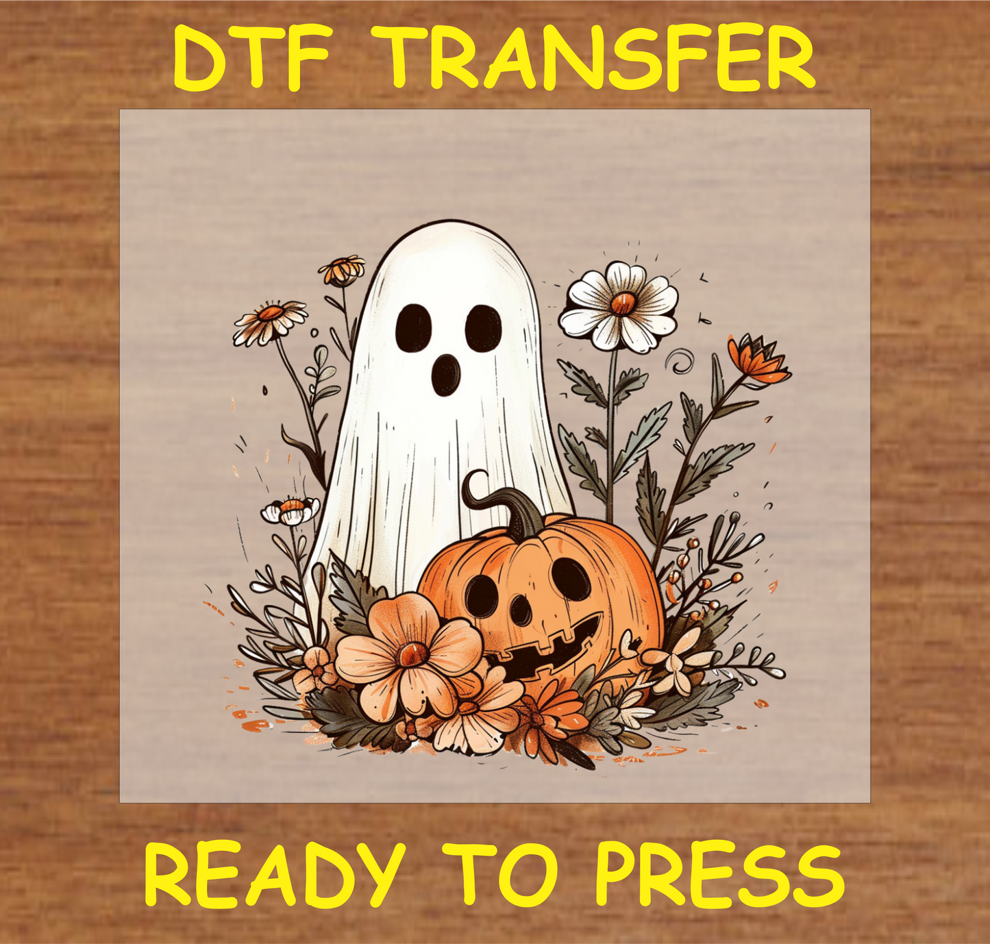 "Ghost and Pumpkin Floral DTF Transfer featuring a ghost, jack-o'-lantern, and fall flowers, whimsical Halloween design"