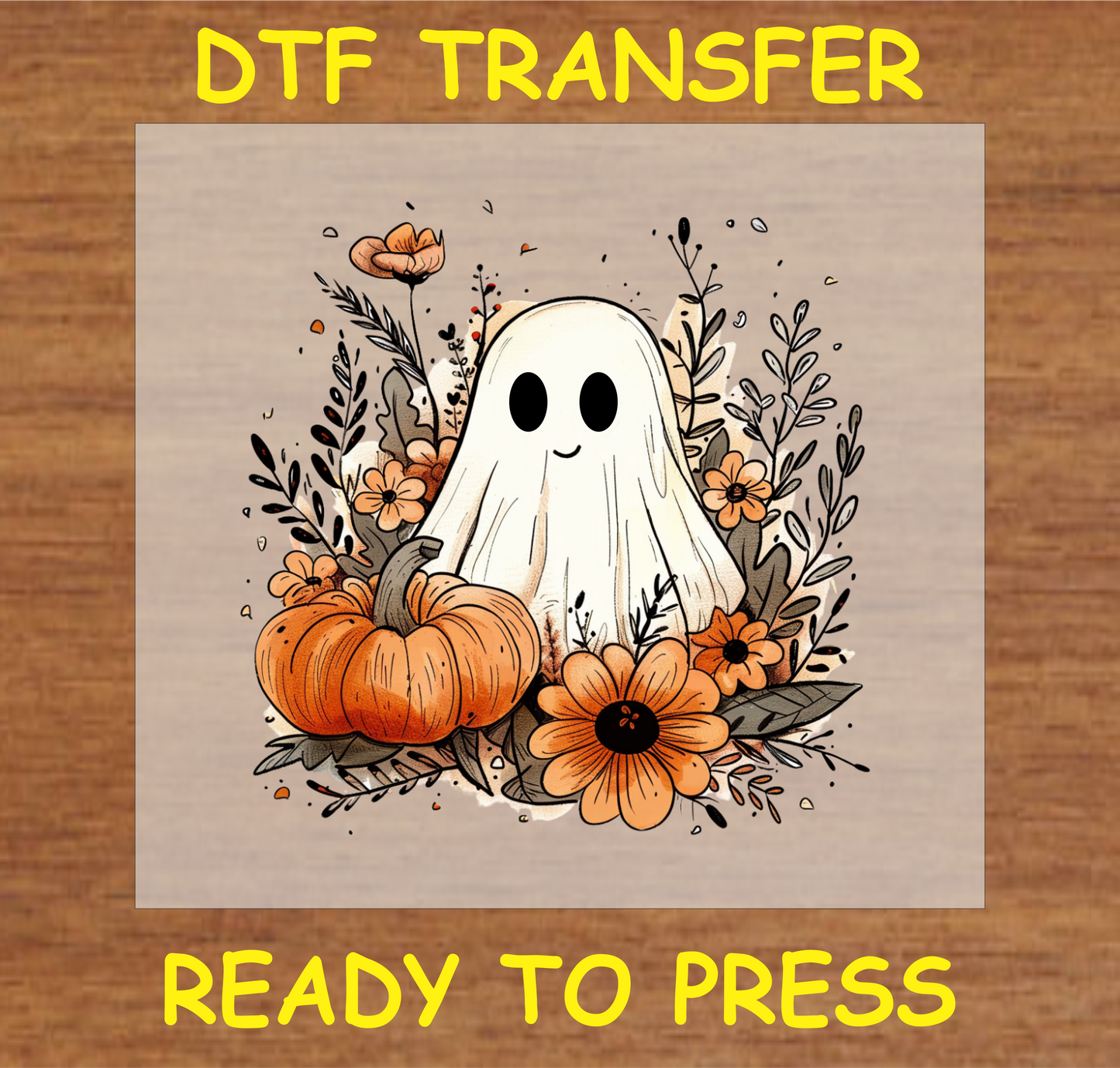 "Happy Ghost with Pumpkins and Flowers DTF Transfer featuring a smiling ghost, pumpkins, and fall flowers, whimsical Halloween design"