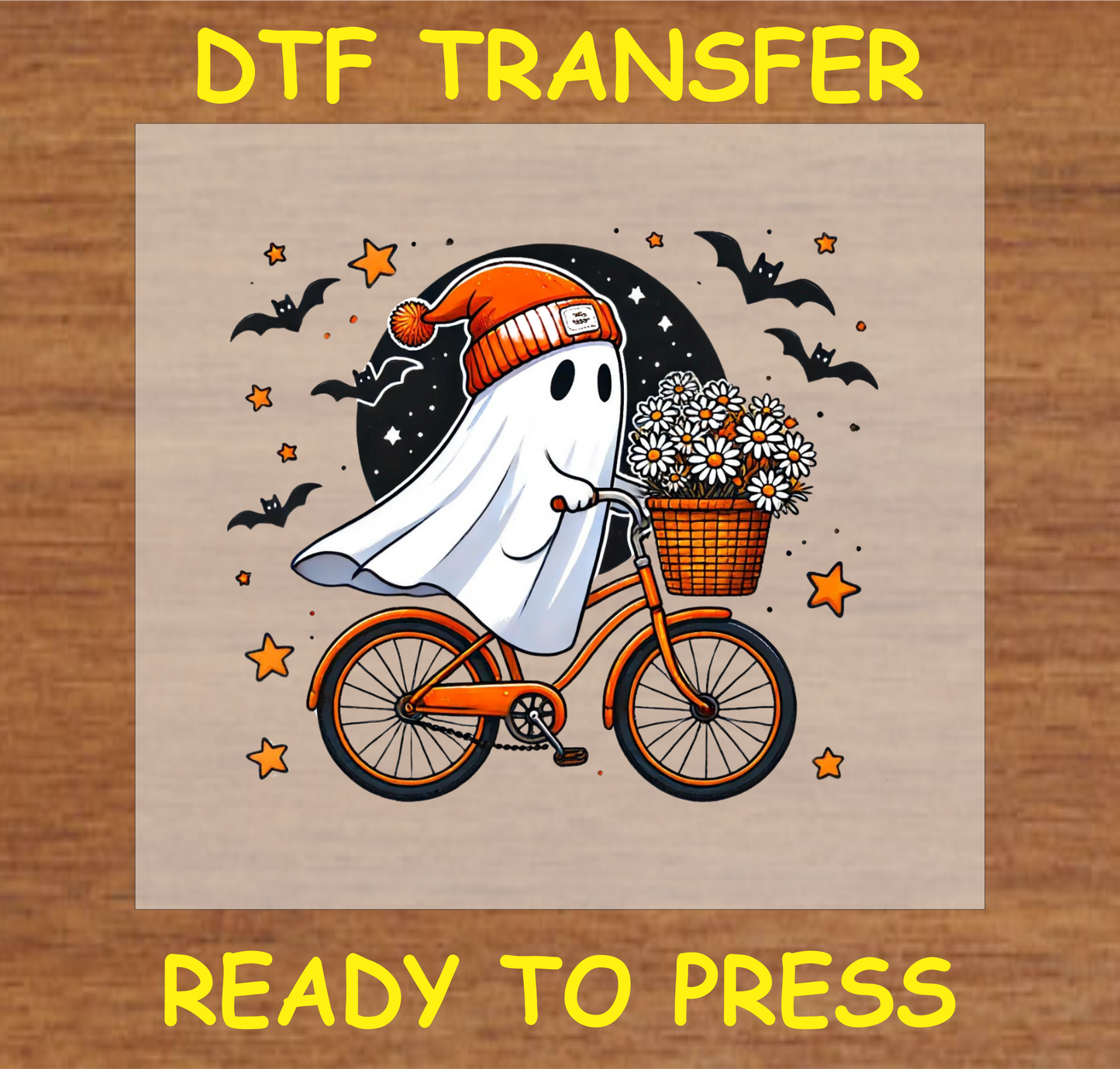 "Ghost on Bicycle DTF Transfer featuring a cute ghost with a beanie riding a bicycle with a basket of flowers, whimsical Halloween design"