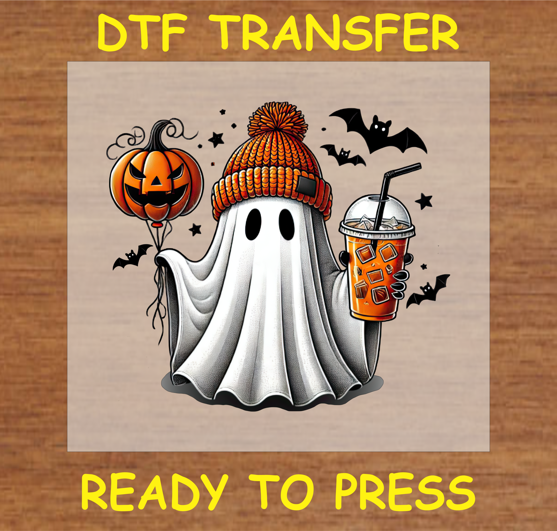 "Ghost with Pumpkin Balloon and Drink DTF Transfer featuring a cozy ghost in a beanie holding a pumpkin balloon and drink, Halloween design"