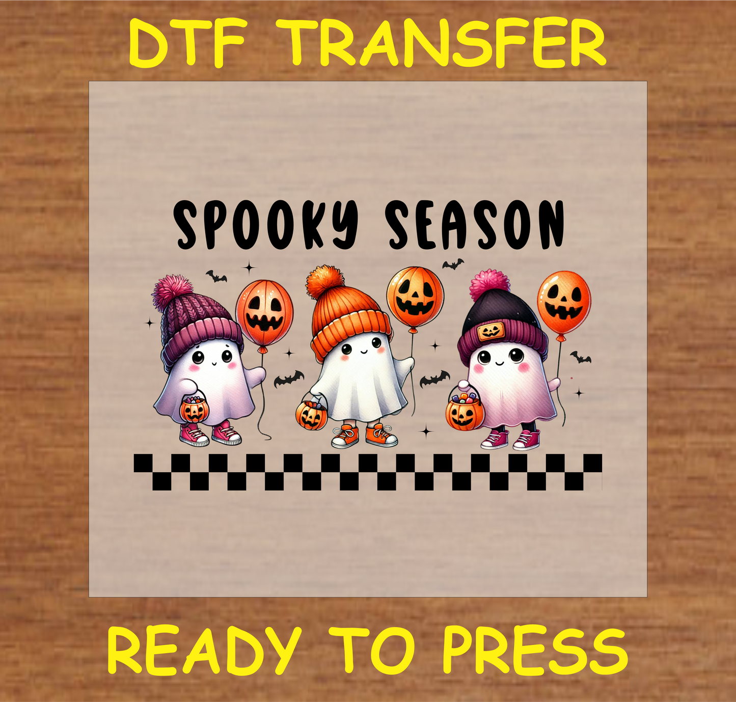 "Spooky Season Ghosts DTF Transfer featuring cute ghosts in beanies with pumpkin balloons and trick-or-treat buckets, Halloween design"