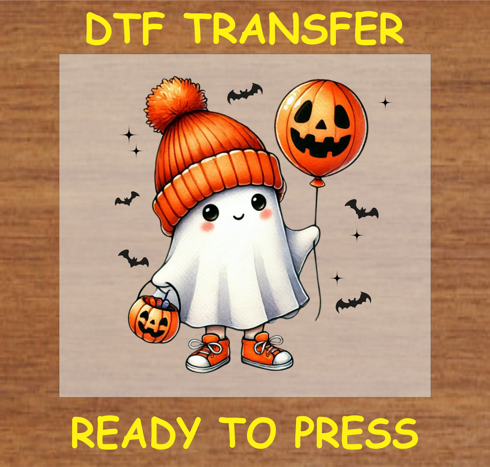 "Adorable Ghost with Pumpkin Balloon DTF Transfer featuring a cute ghost in a beanie holding a pumpkin balloon and trick-or-treat bucket, Halloween design"