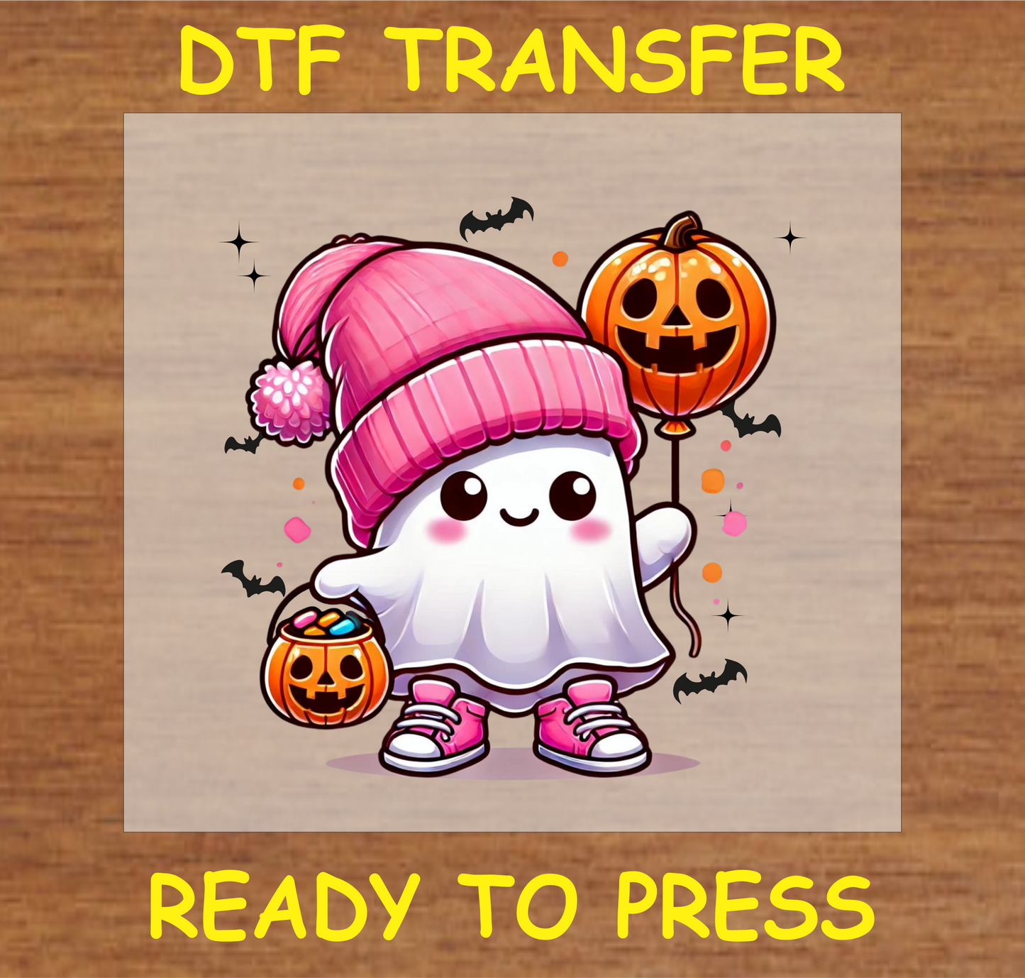 "Adorable Ghost with Pink Beanie DTF Transfer featuring a cute ghost holding a pumpkin balloon and trick-or-treat bucket, Halloween design"