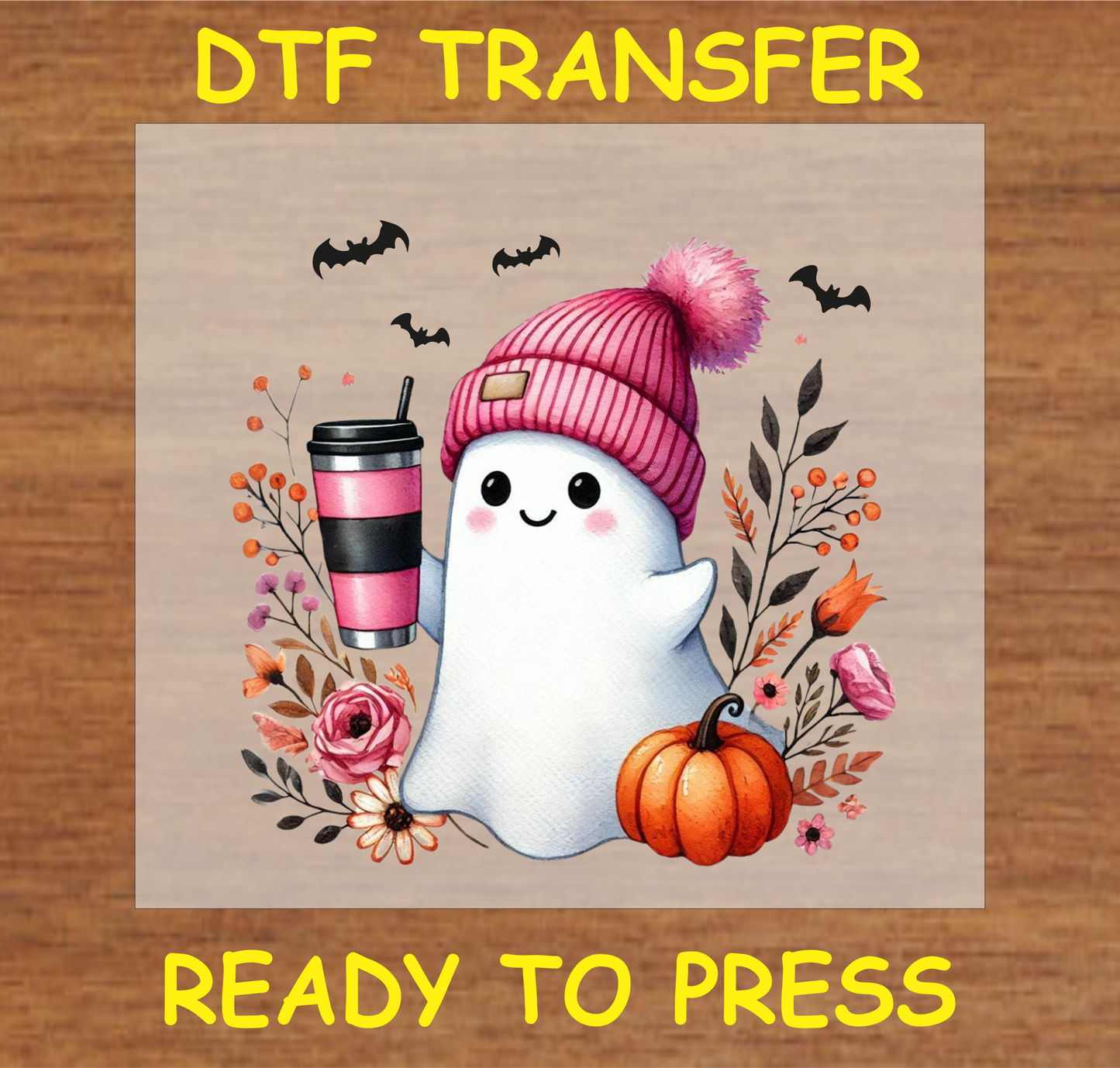 "Ghost with Pink Beanie and Coffee DTF Transfer featuring a cute ghost holding a coffee cup, surrounded by fall flowers and a pumpkin, cozy Halloween design"