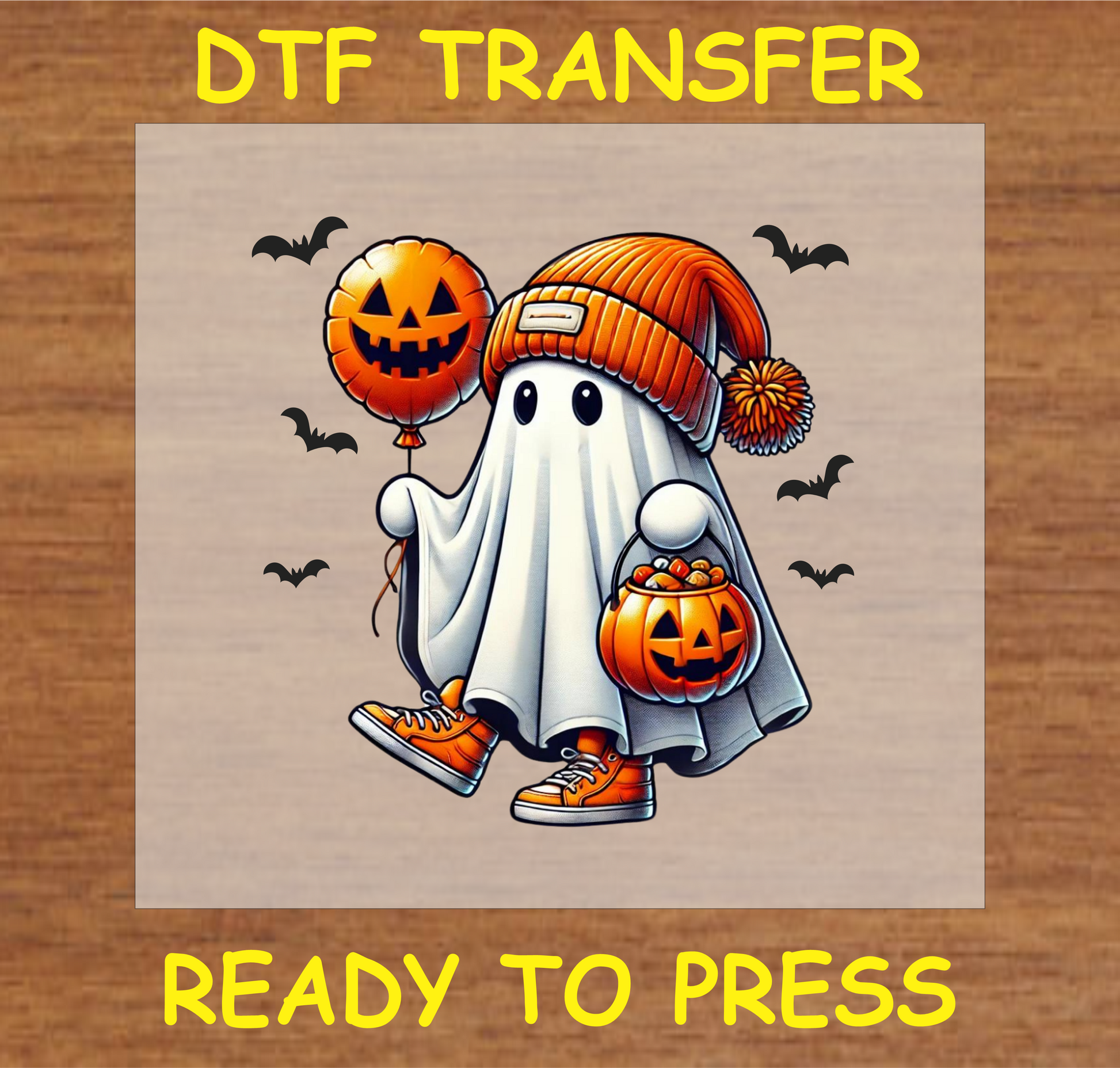 "Pumpkin Balloon Ghost DTF Transfer featuring a cute ghost with an orange beanie, holding a pumpkin balloon and treat bucket, Halloween design"