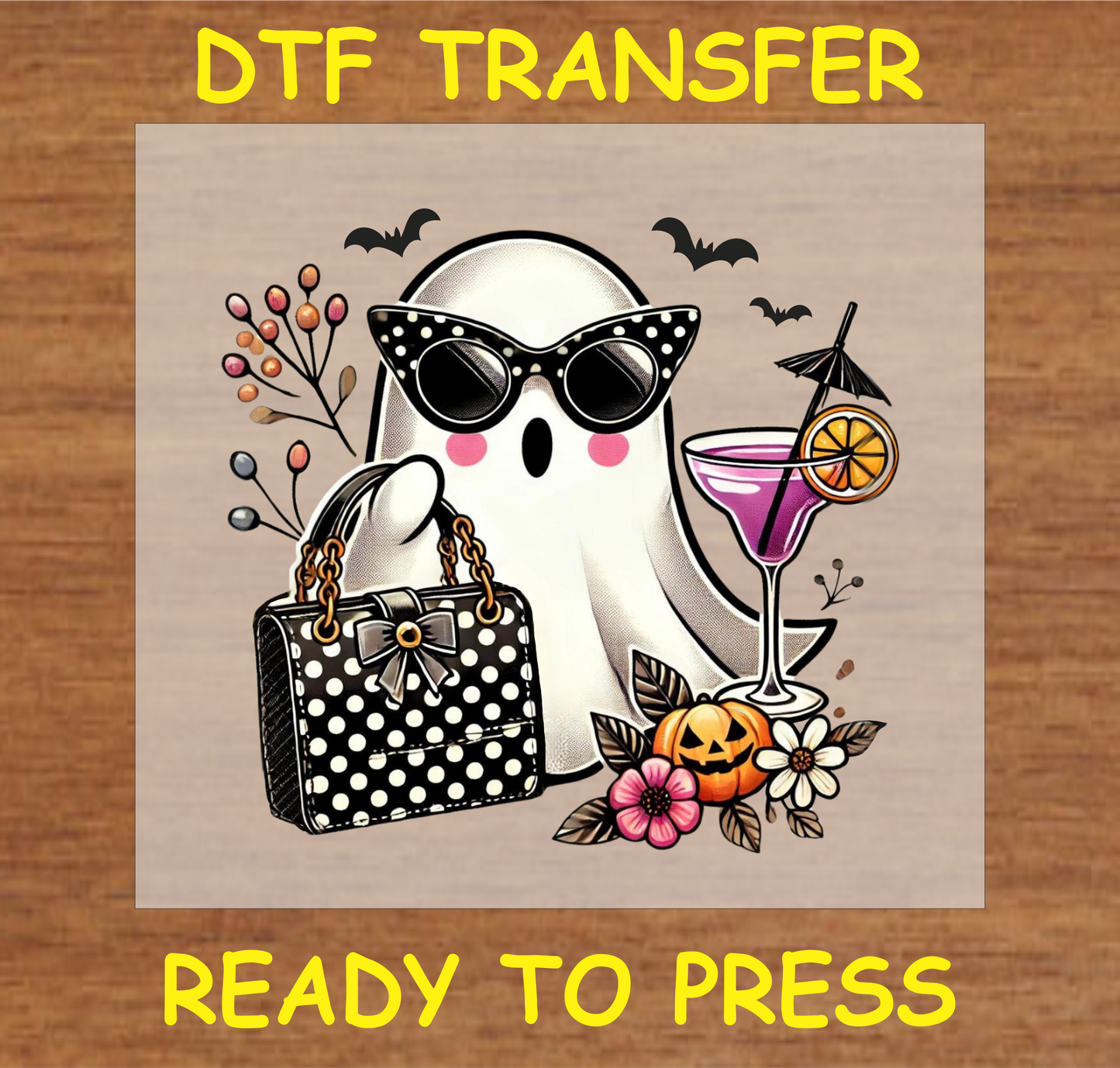 "Chic Ghost with Martini DTF Transfer featuring a glamorous ghost in sunglasses with a polka-dot handbag and martini glass, Halloween design"