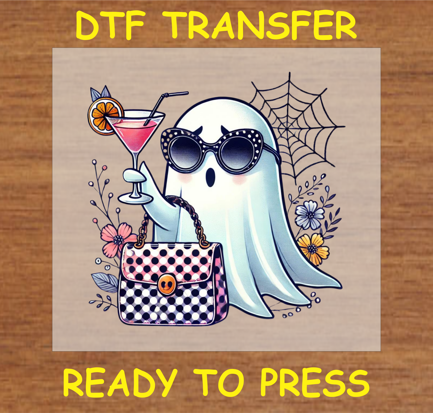 "Chic Ghost with Martini and Checkered Handbag DTF Transfer featuring a stylish ghost with sunglasses and a trendy Halloween design"