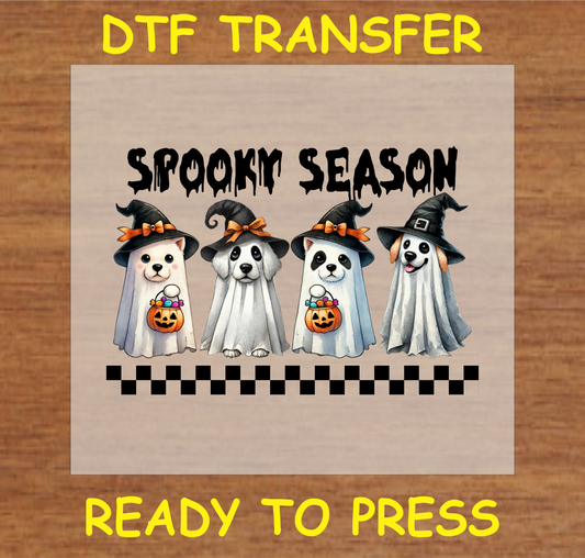 "Spooky Season Ghost Dogs DTF Transfer with four cute dogs dressed as ghosts in witch hats holding pumpkins"