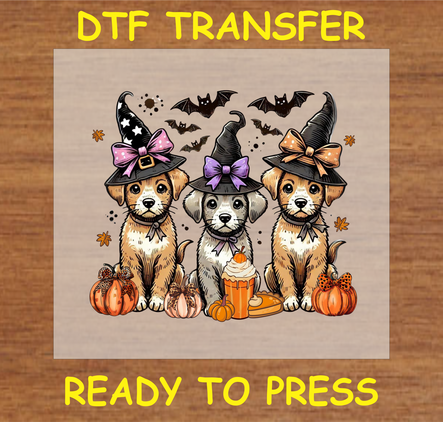 "Halloween Puppy Trio DTF Transfer featuring three cute puppies in witch hats with pumpkins and bats for Halloween"