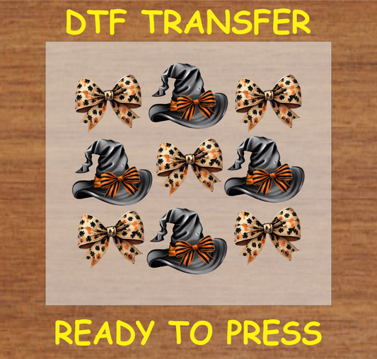 "Witch Hat & Bow DTF Transfer featuring Halloween-themed witch hats and orange bows for custom fabric projects"