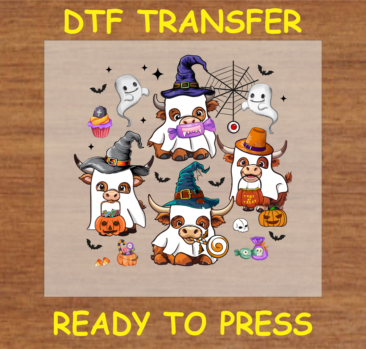 "Halloween Cow DTF Transfer featuring cute cows in spooky Halloween costumes with pumpkins and ghosts"