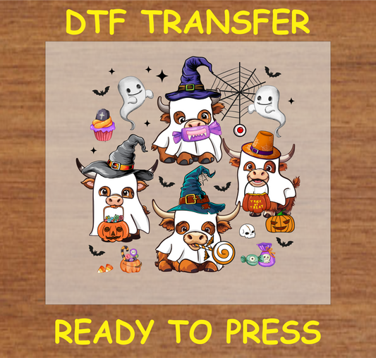 "Halloween Cow DTF Transfer featuring cute cows in spooky Halloween costumes with pumpkins and ghosts"