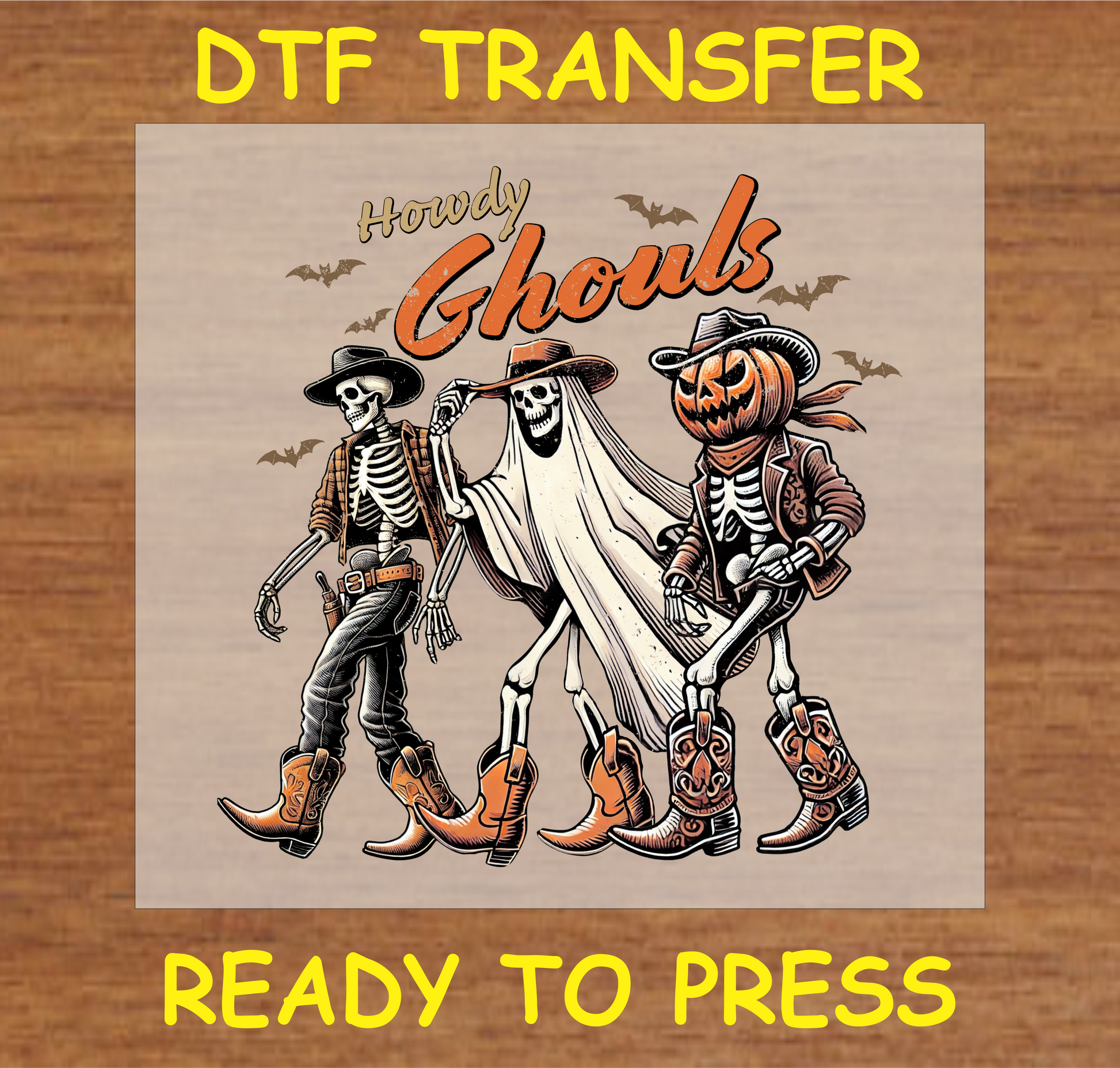 "Howdy Ghouls DTF Transfer featuring cowboy skeletons and a ghost in a western Halloween theme"