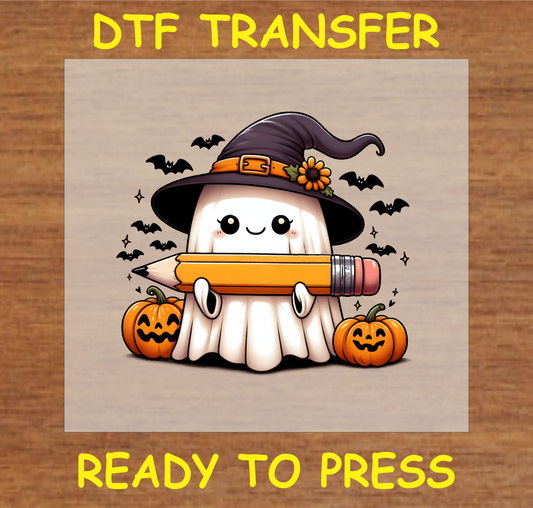 "Ghost with Pencil DTF Transfer featuring a cute ghost holding a pencil, wearing a witch hat, and surrounded by pumpkins"