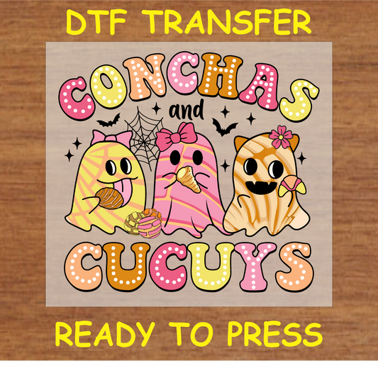 "Conchas and Cucuy DTF Transfer featuring cute ghost characters holding conchas"