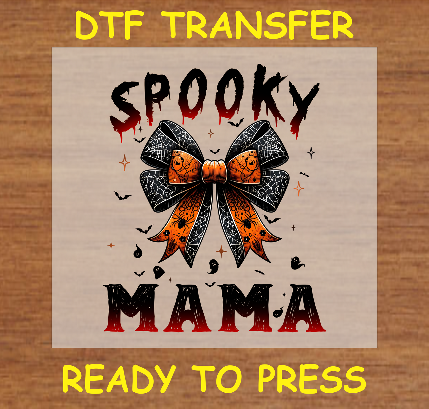 "Spooky Mama DTF Transfer featuring a Halloween-themed bow with spiders, bats, and spooky text"