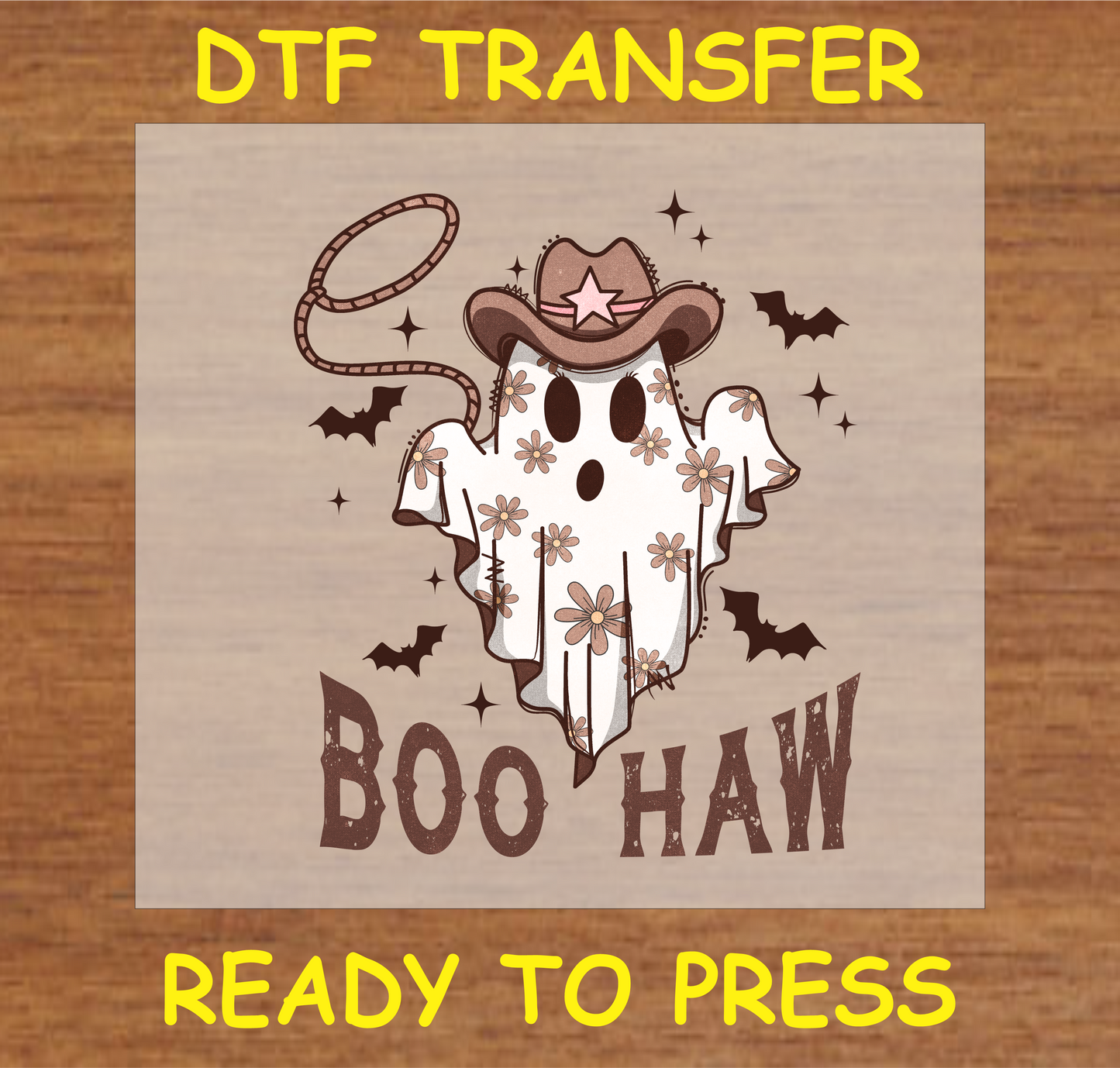 "Boo Haw DTF Transfer featuring a ghost in a cowboy hat with lasso and floral accents for Halloween"