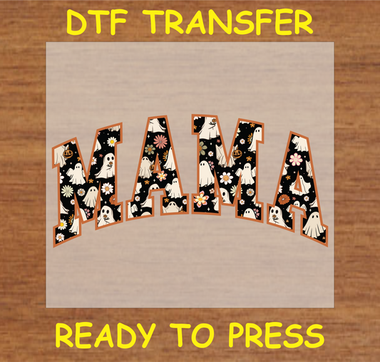 "MAMA DTF Transfer with Halloween ghost and floral design for mamas"