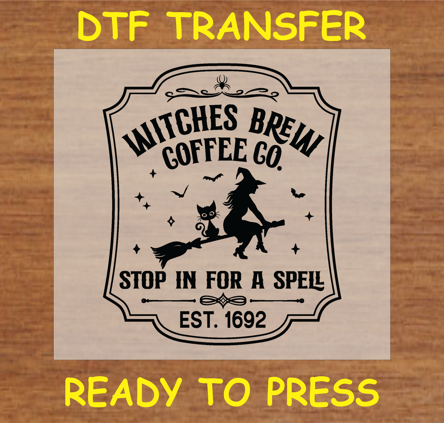 "Witches Brew Coffee Co. DTF Transfer with a witch on a broomstick, vintage Halloween design"