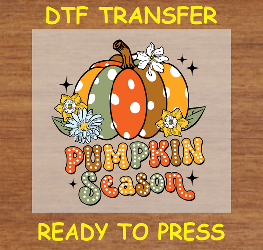 "Pumpkin Season DTF Transfer featuring polka dot pumpkins and flowers for fall-themed custom items"