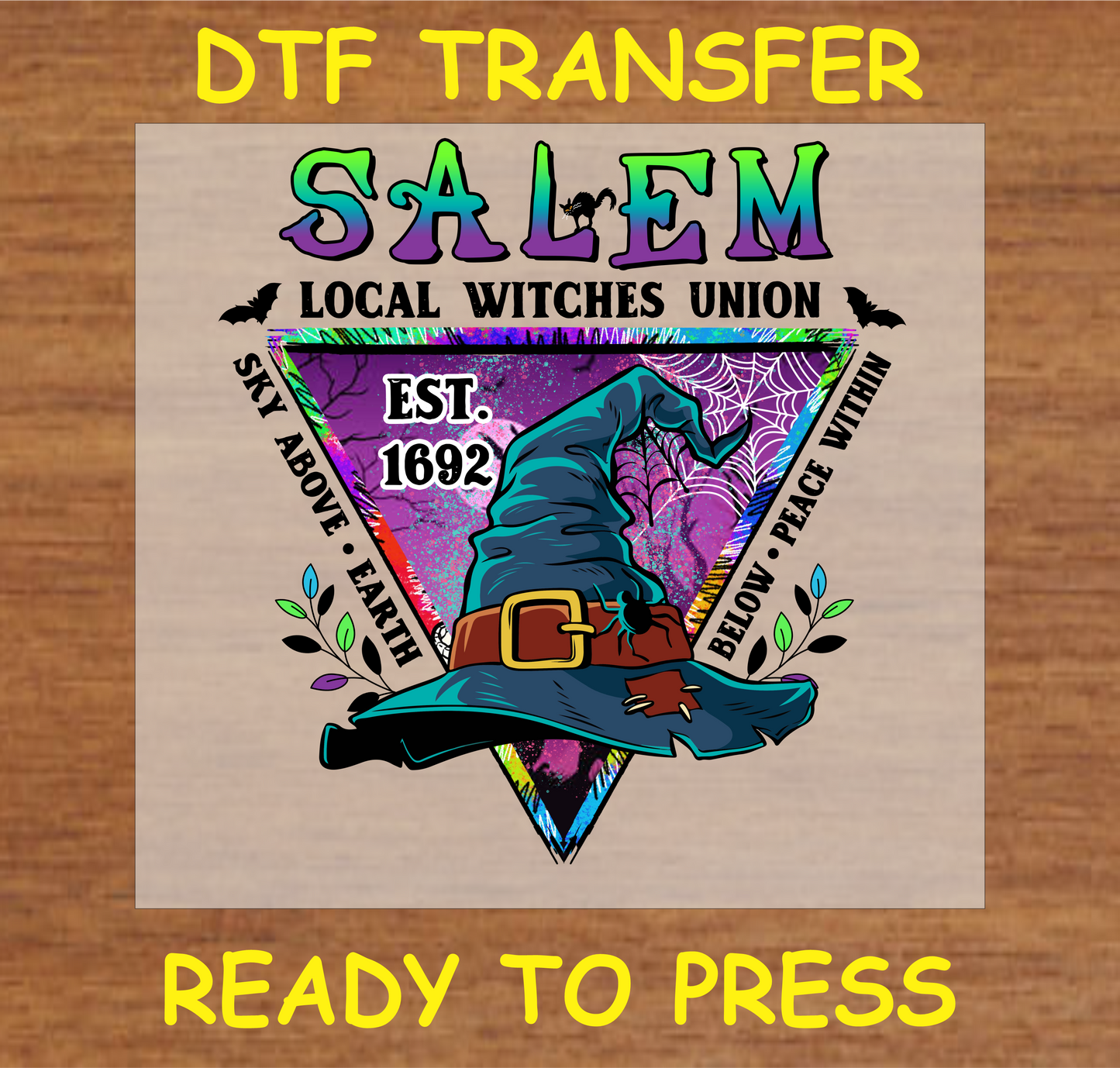 "Salem Local Witches Union DTF Transfer with witch hat, triangle design, and mystical elements"