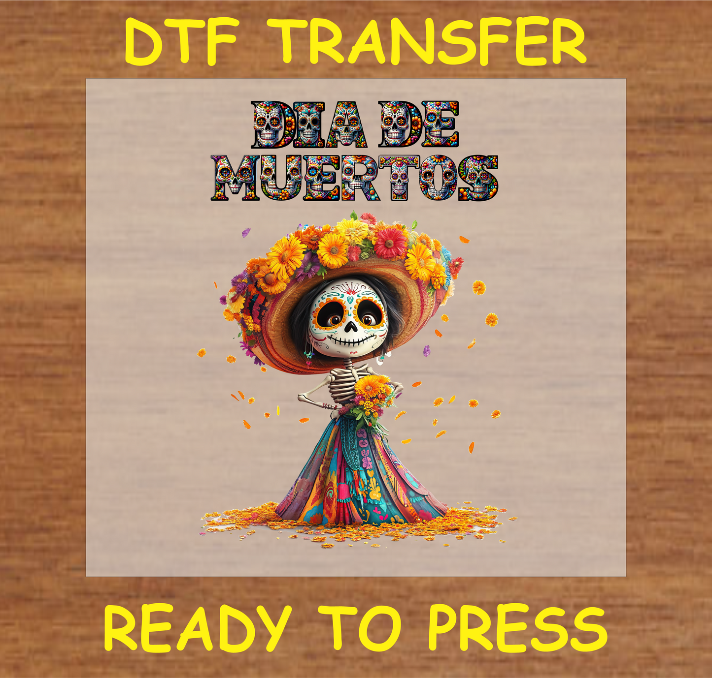 "Día de Muertos DTF Transfer with a colorful skeleton and floral accents"