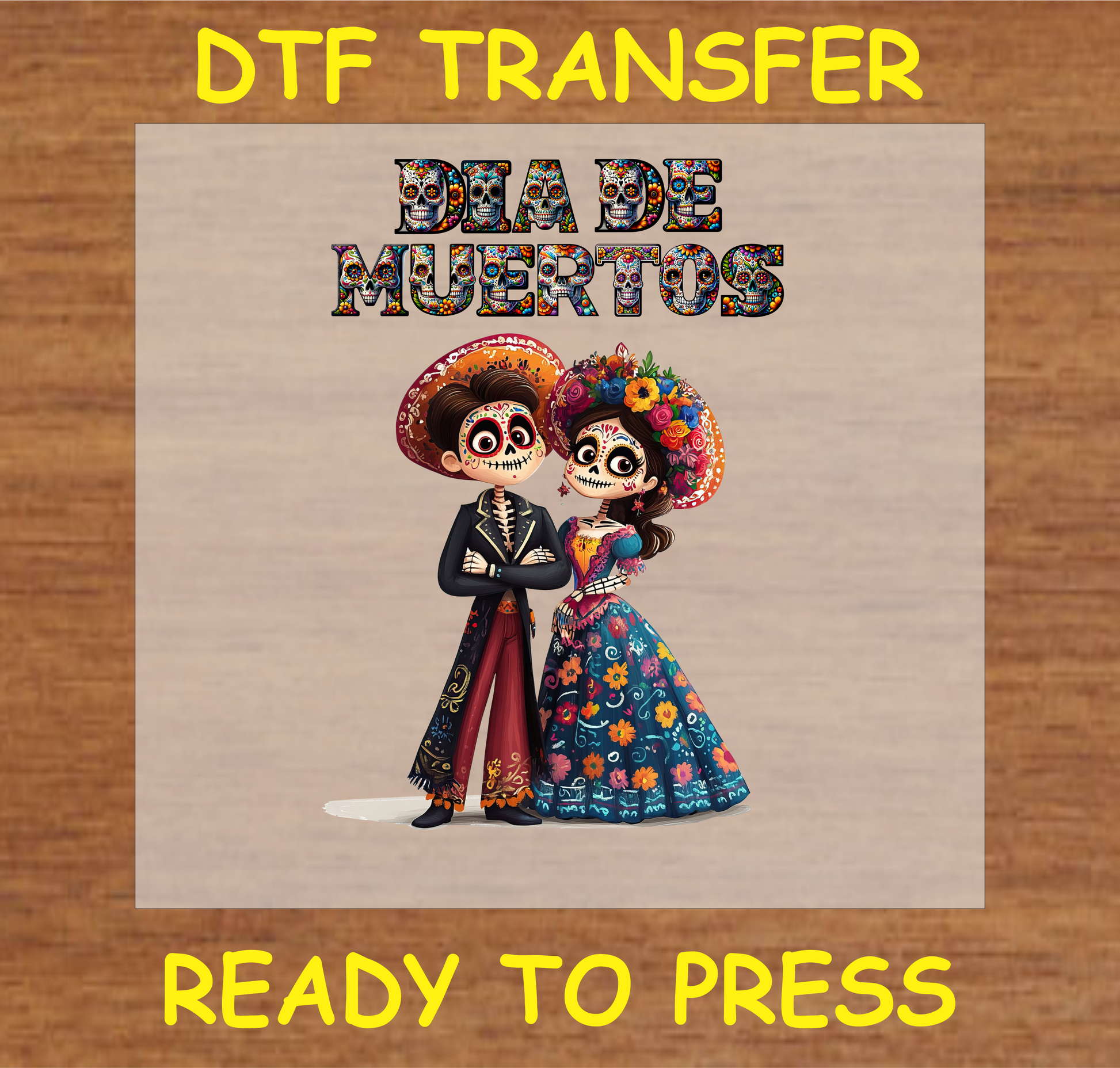 "Día de Muertos DTF Transfer with a festive couple in traditional attire"