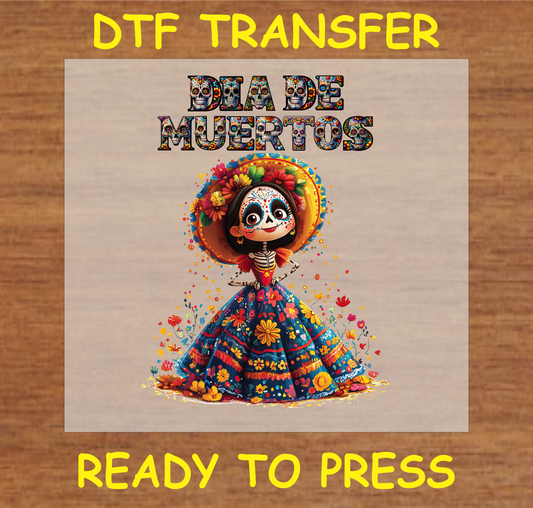 "Día de Muertos DTF Transfer featuring a colorful skeleton character in traditional attire"