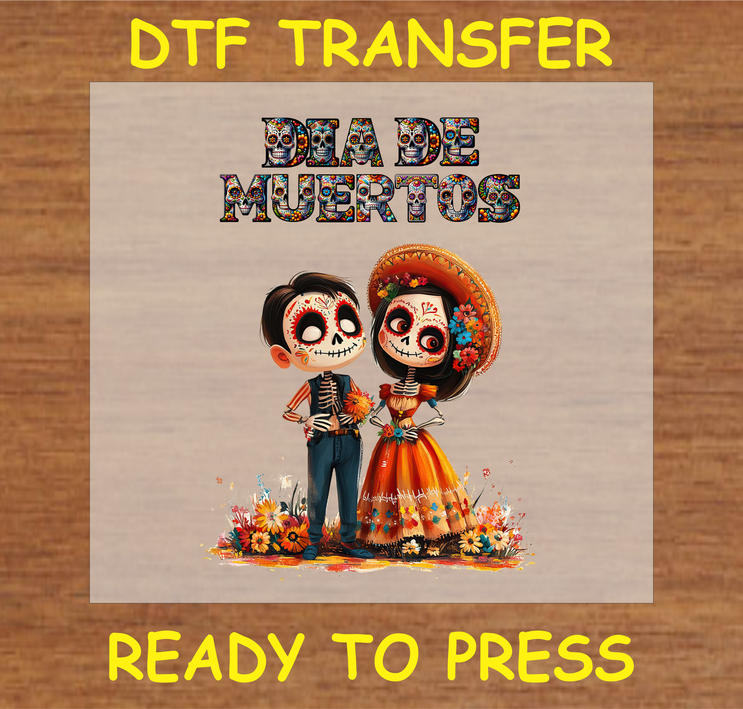 "Día de Muertos DTF Transfer featuring a colorful skeleton couple in traditional attire"