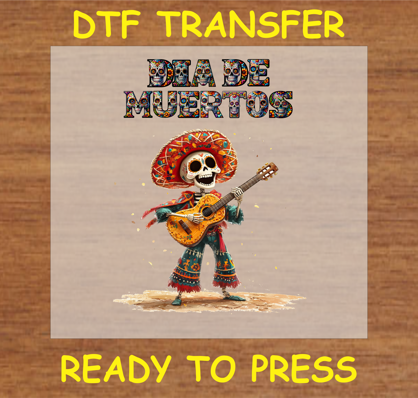 "Día de Muertos DTF Transfer featuring a colorful skeleton musician playing a guitar"