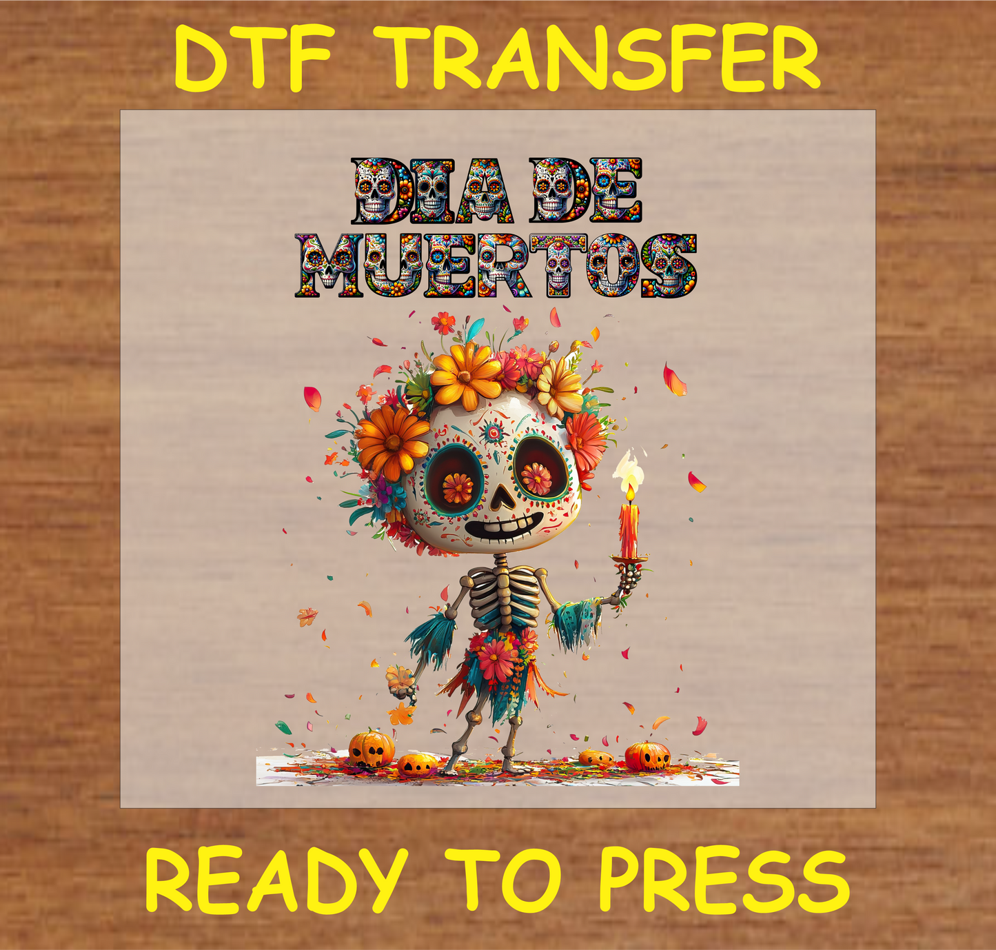 "Día de Muertos DTF Transfer featuring a skeleton with vibrant flowers holding a candle"